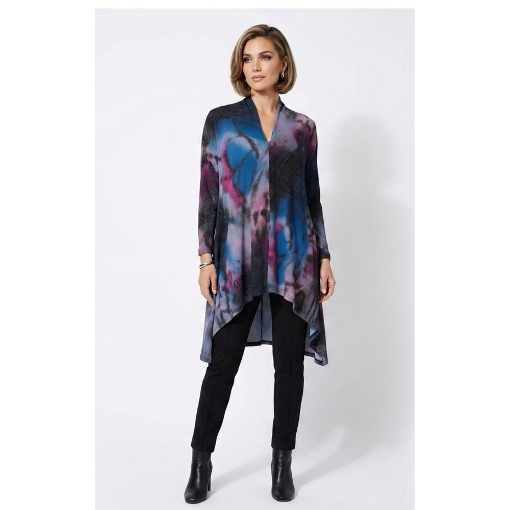 Clara Sunwoo Tunic 1X Blue Pink Abstract High Low Ruched Sleeve Top Lagenlook